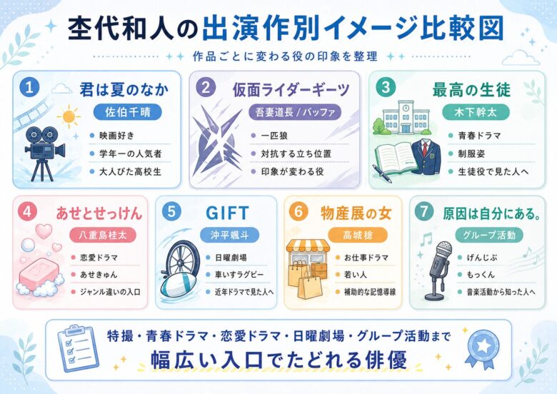 杢代和人の君は夏のなか佐伯千晴役やギーツ吾妻道長役など出演作ごとの役柄の違いを比較した図解