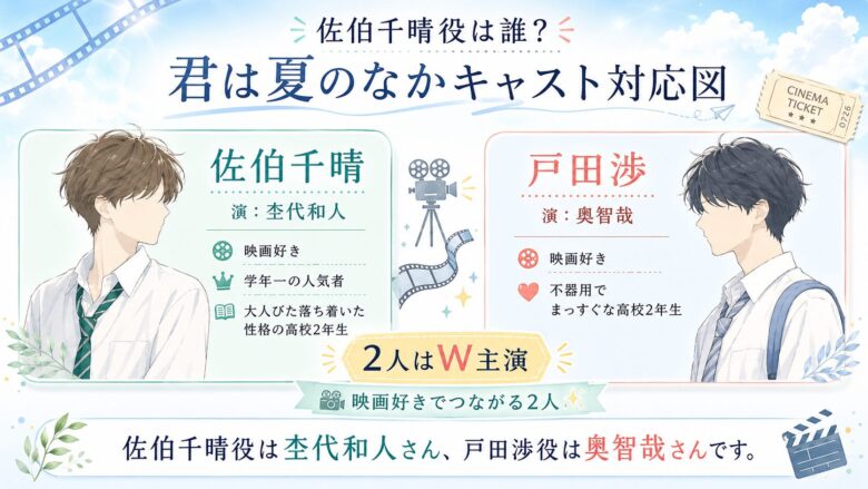 君は夏のなかの佐伯千晴役を杢代和人、戸田渉役を奥智哉として整理したキャスト対応図