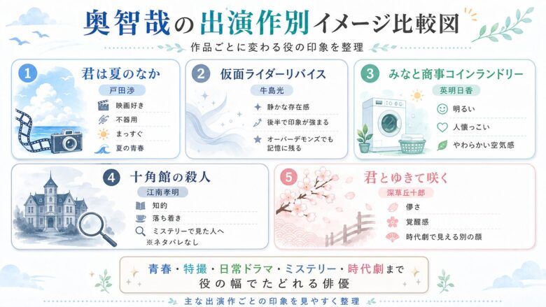 奥智哉の君は夏のなか戸田渉役やリバイス牛島光役など出演作ごとの役柄の違いを比較した図解