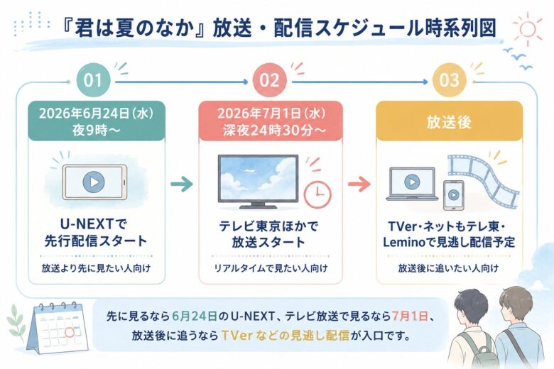 君は夏のなかのU-NEXT先行配信、テレビ放送、TVer見逃し配信のスケジュールを時系列で整理した図解