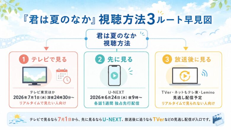 君は夏のなかの視聴方法をテレビ放送、U-NEXT先行配信、TVerなどの見逃し配信で整理した図解