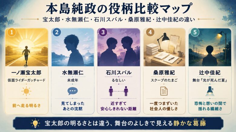 本島純政の一ノ瀬宝太郎、水無瀬仁、石川スバル、桑原雅紀、辻中佳紀の役柄の違いを比較した図解