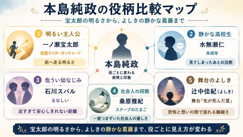 本島純政の出演作5選を役名、作品名、印象の違いで整理した図解