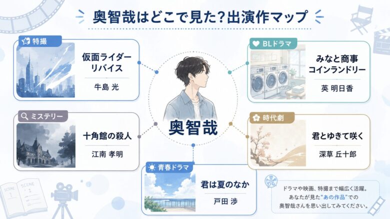 奥智哉の主な出演作と役名をまとめた出演作マップ